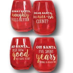 Set of Four Christmas Holiday Stemless Wine Glasses with Sassy Sayings